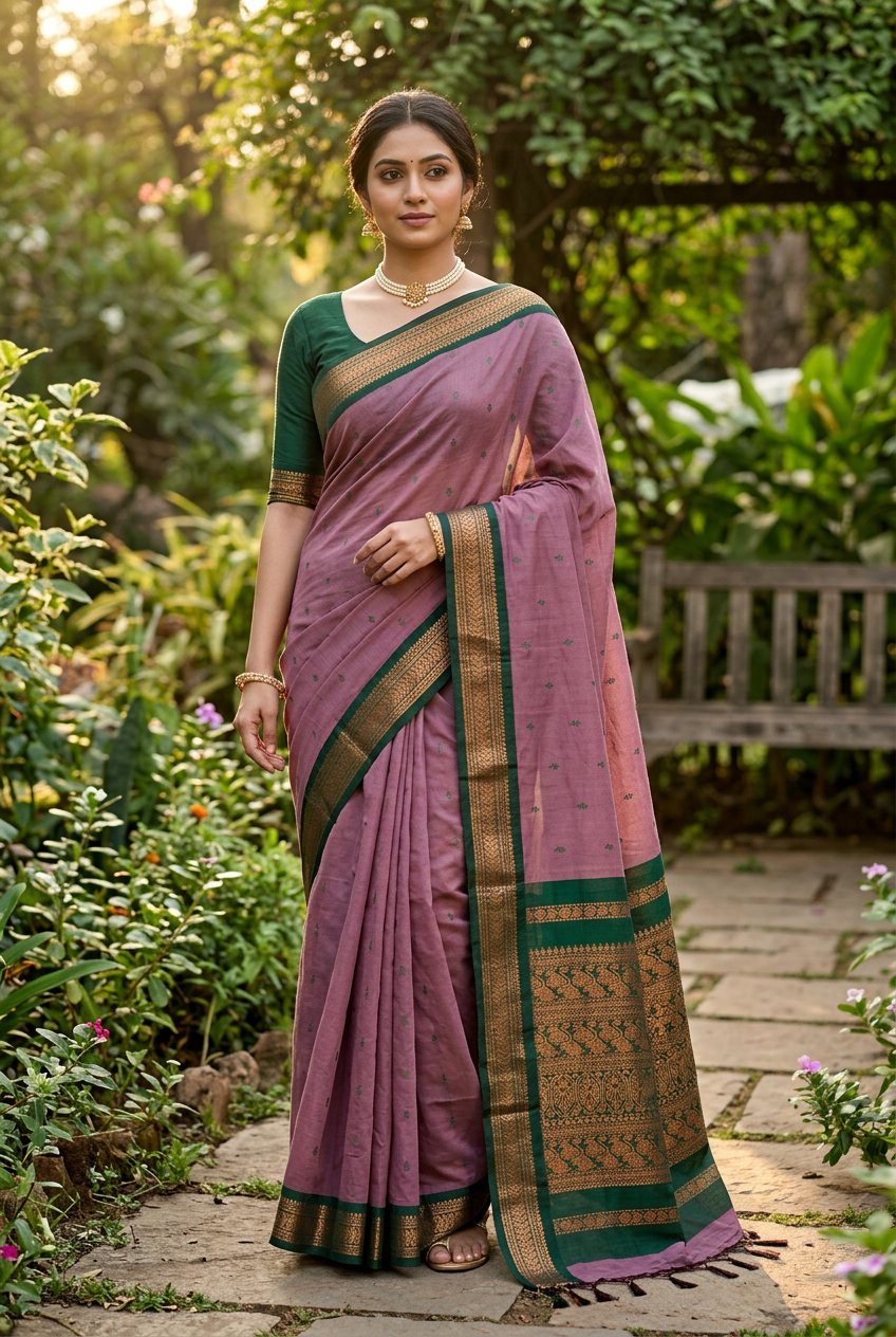 Onion Pink Kalyani saree, garden pose