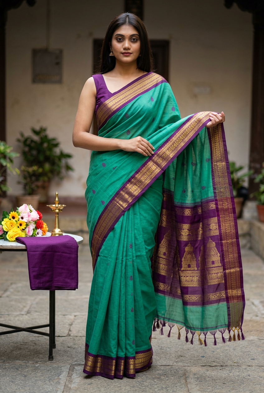 Parrot Green Kalyani saree, pallu display