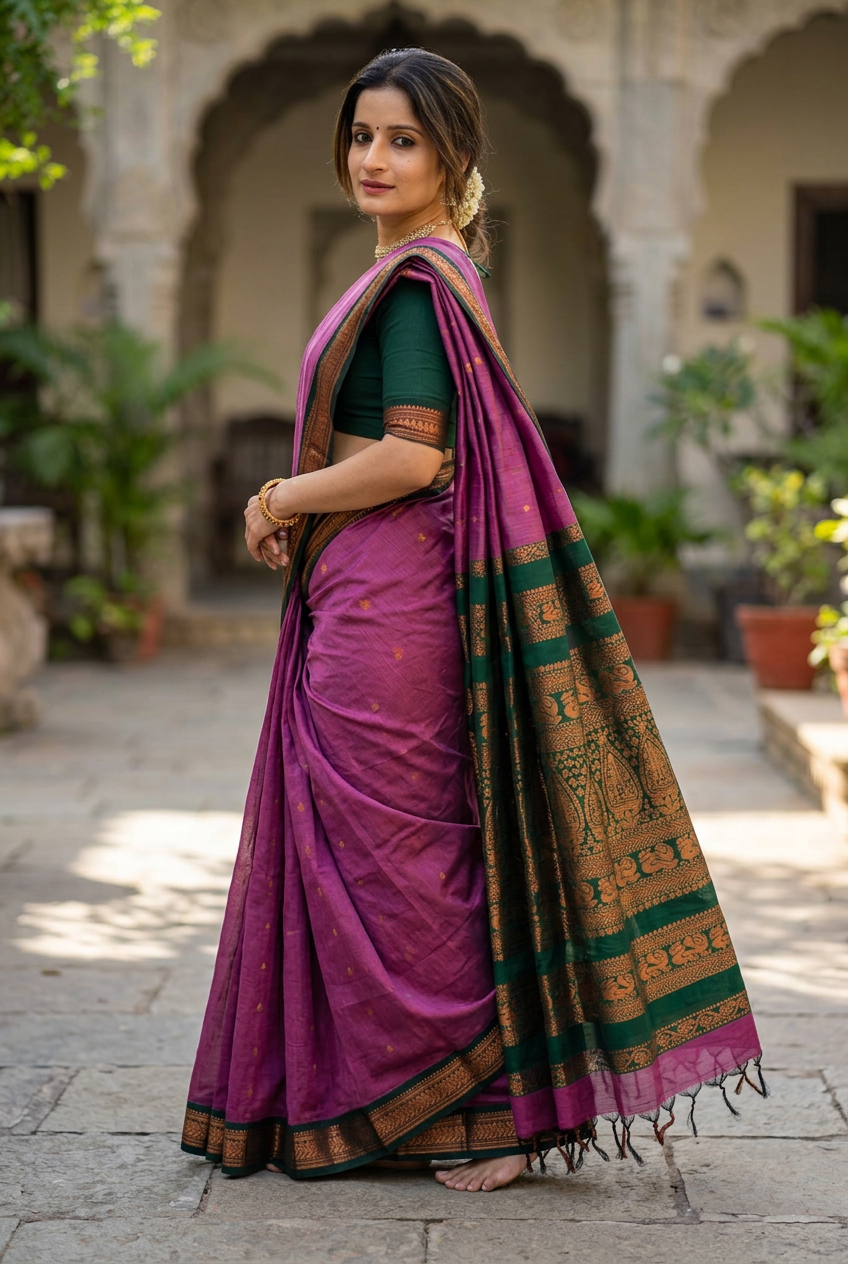 Purple Kalyani cotton saree, side model pose