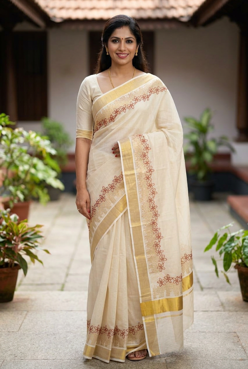 Red Floral Embroidered Kasavu saree, generated courtyard styling view