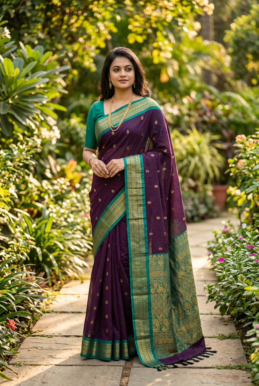 Deep Purple Kalyani saree, garden pose
