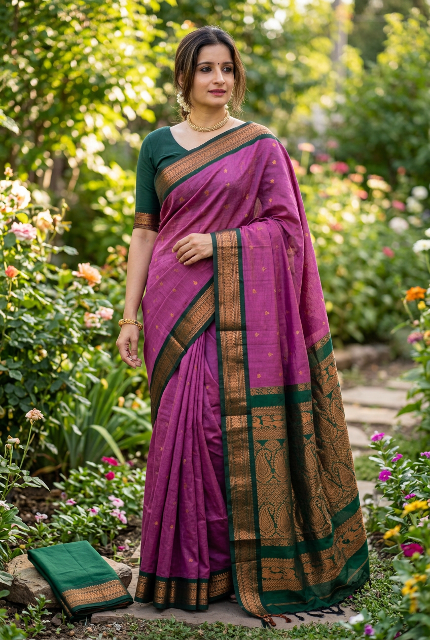 Purple Kalyani cotton saree, garden model pose