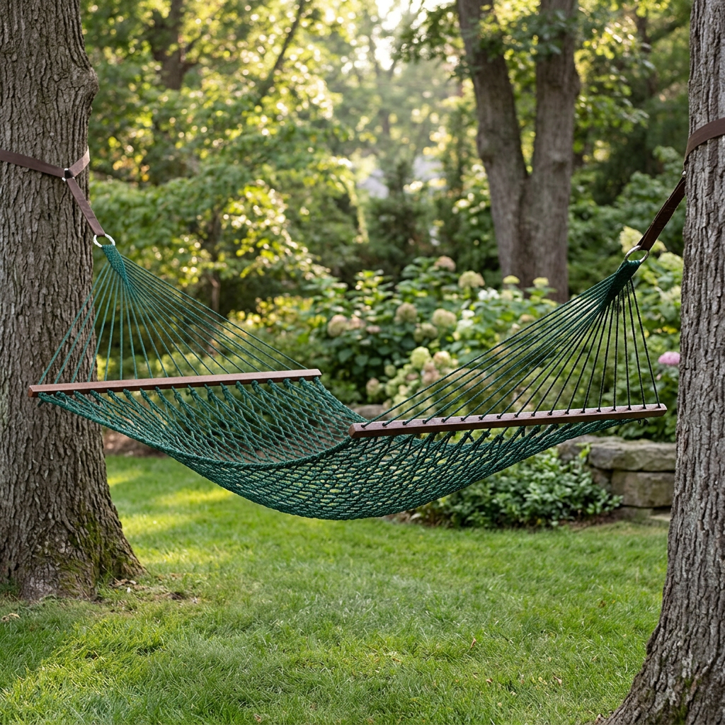 Green 4 ft polyester rope hammock with two dark oak spreader bars suspended between trees in a garden