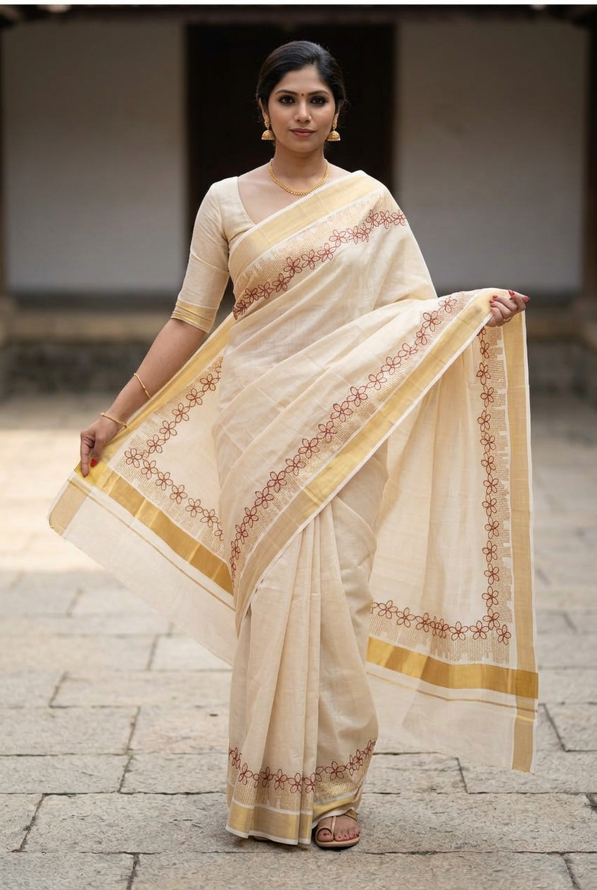 Red Floral Embroidered Kasavu saree, generated pallu-display styling view