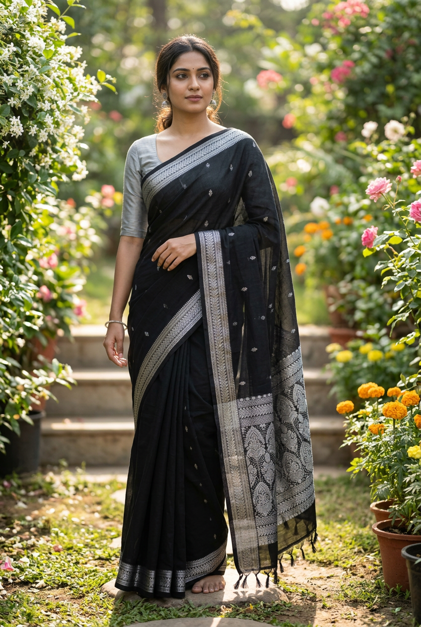 Black Kalyani saree, garden pose