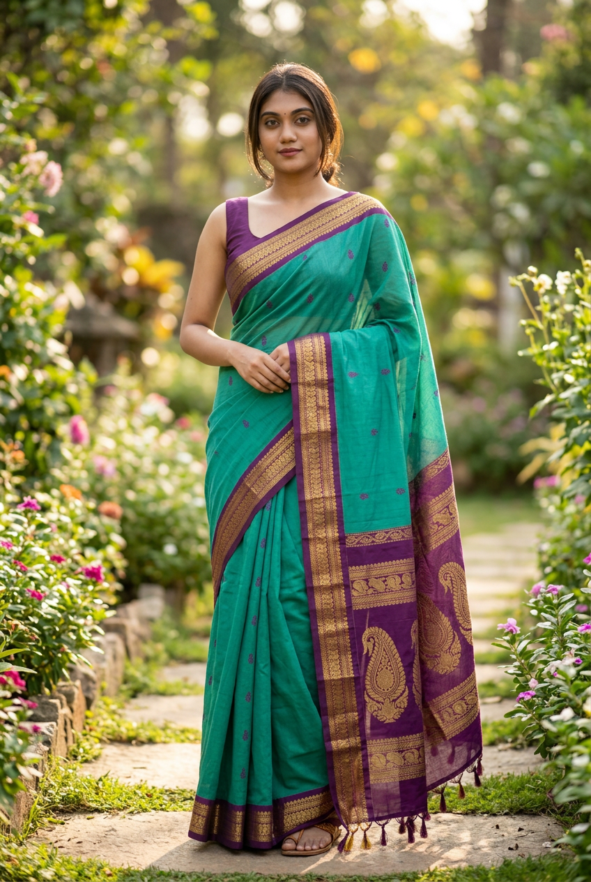 Parrot Green Kalyani saree, garden pose