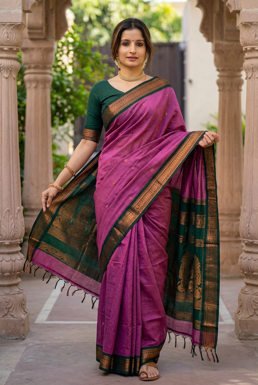 Purple Kalyani cotton saree, pallu display model pose