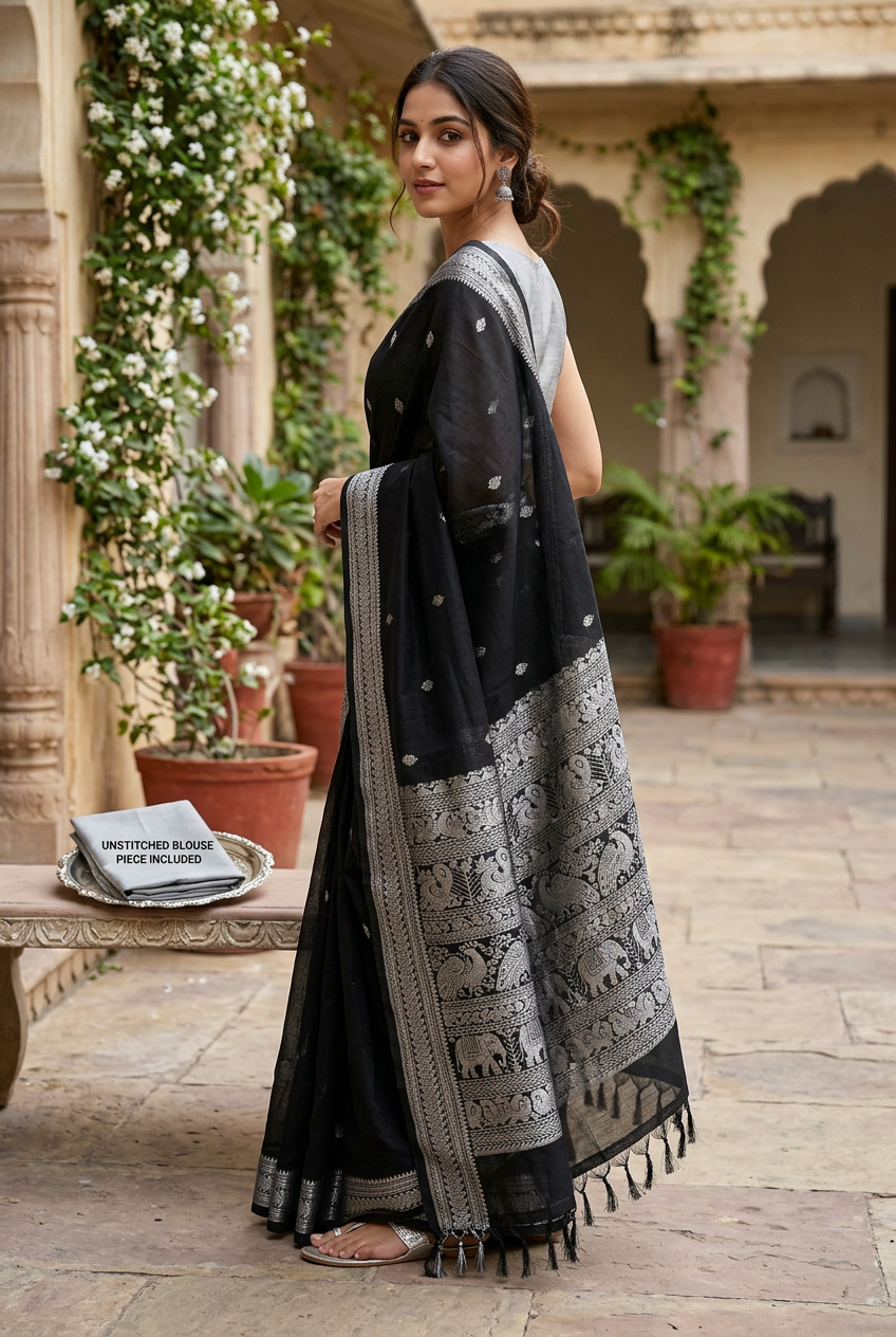 Black Kalyani saree, courtyard pose