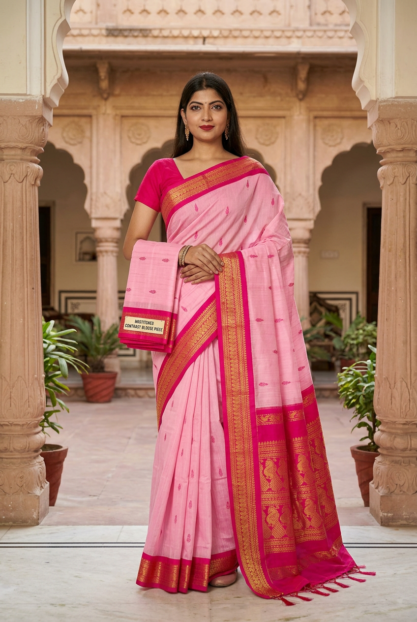 Light Pink Kalyani saree, courtyard pose