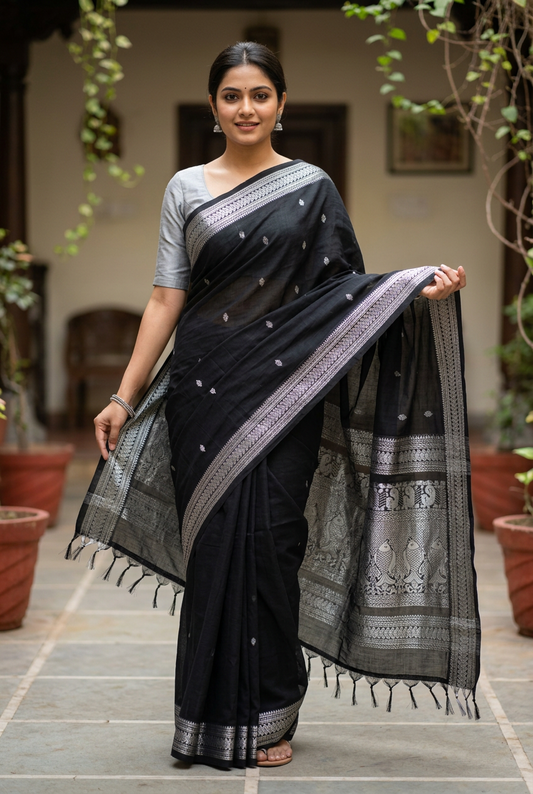 Black Kalyani saree, pallu display