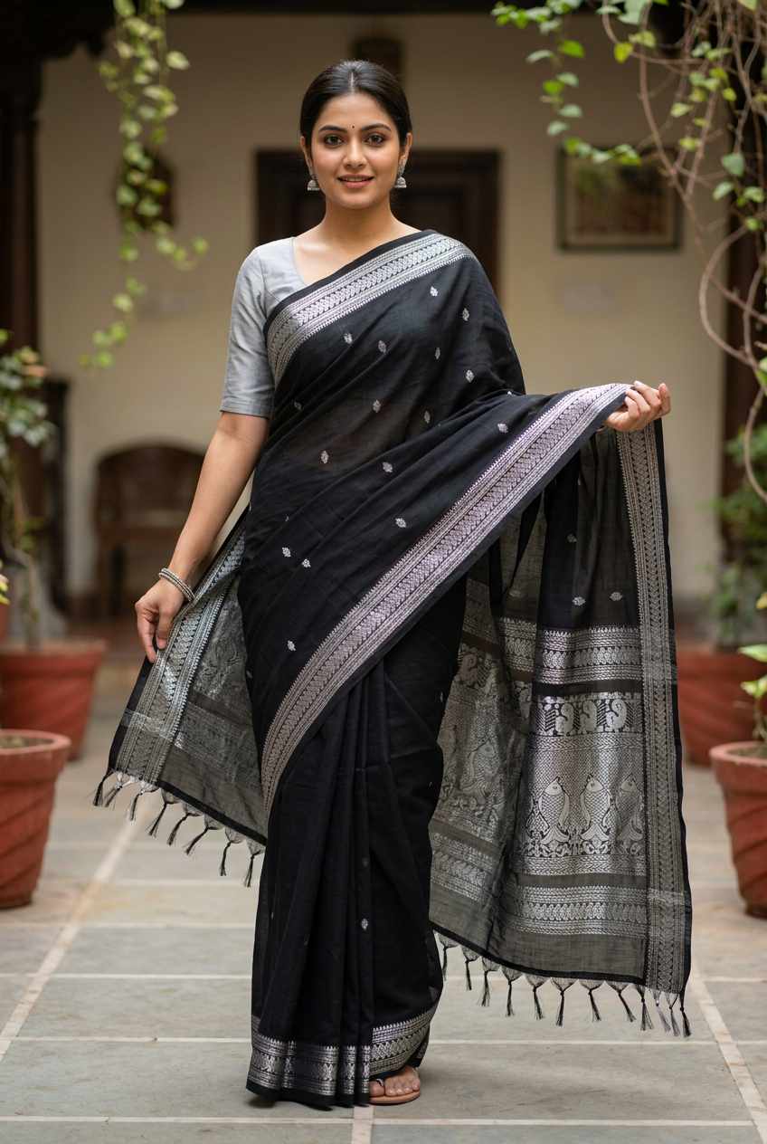 Black Kalyani saree, pallu display