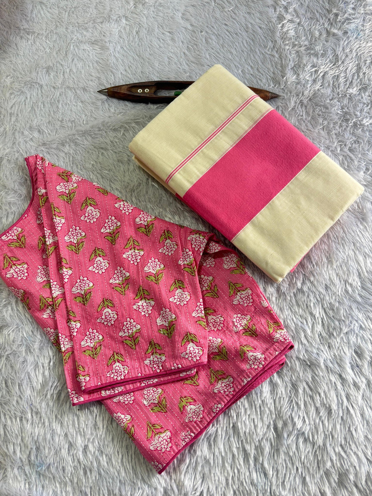 Pink Cotton Kattikara Set Mundu with Matching Blouse
