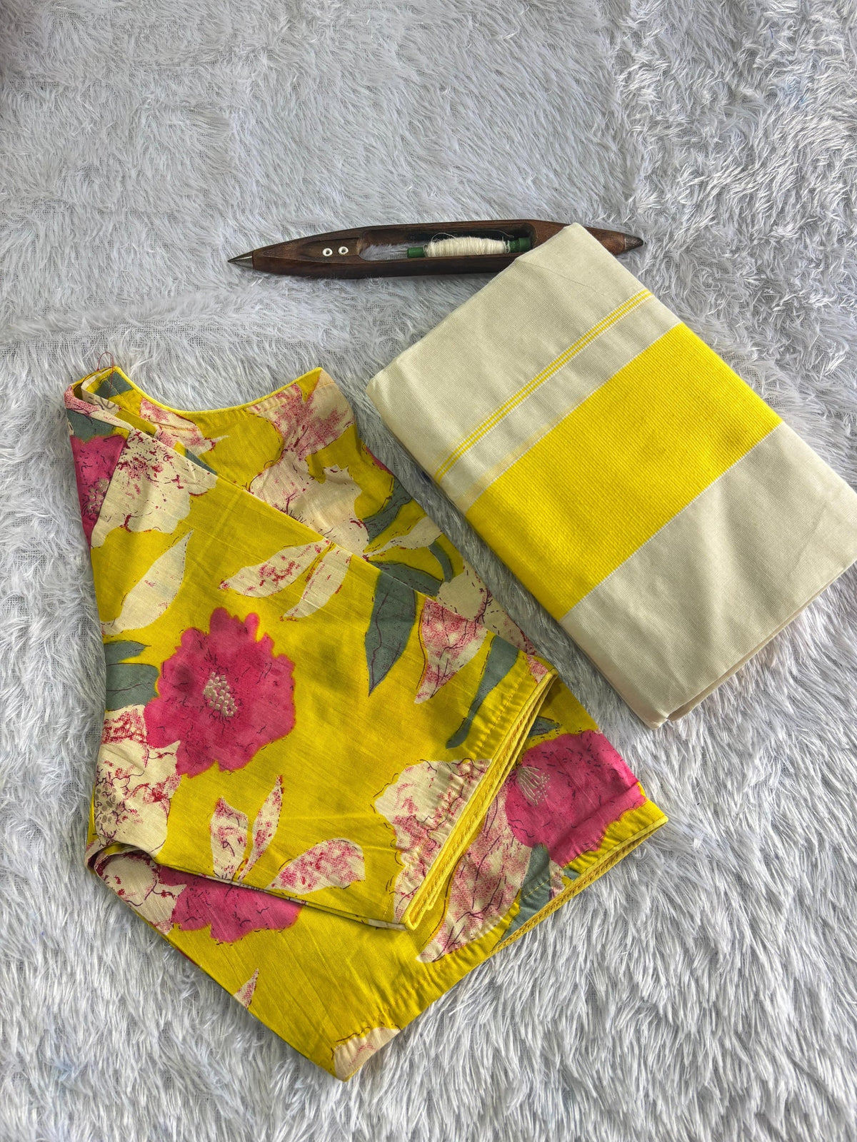 Yellow Cotton Kattikara Set Mundu with Matching Blouse