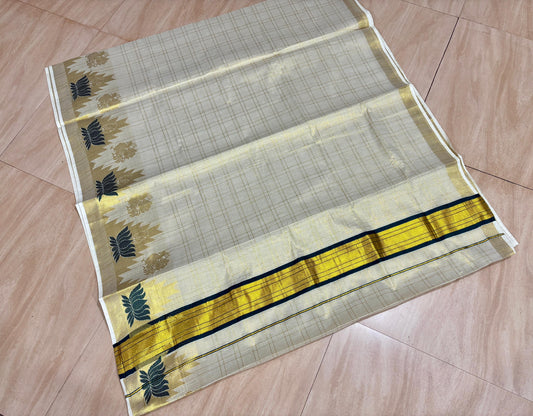 SATIEKA | Kerala Golden Tissue Temple Green Lotus Checks Kasavu Saree