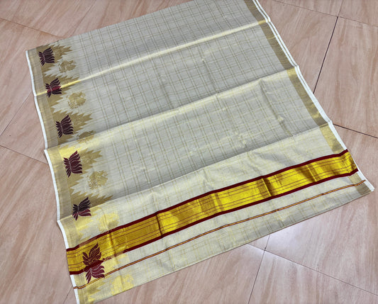 SATIEKA | Kerala Golden Tissue Temple Maroon Lotus Checks Kasavu Saree