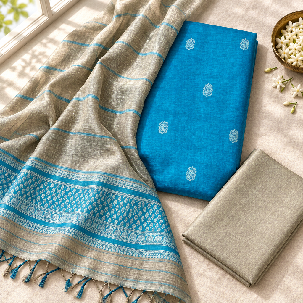 Light Blue unstitched suit fabrics in a lifestyle flat lay