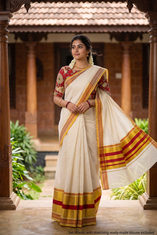 Maroon and gold Set Mundu with matching floral blouse included