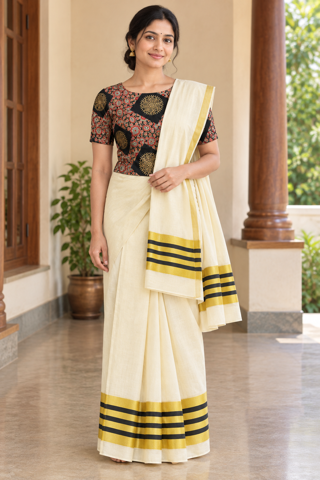 Model wearing Black Big Stripe & Gold Kasavu set mundu
