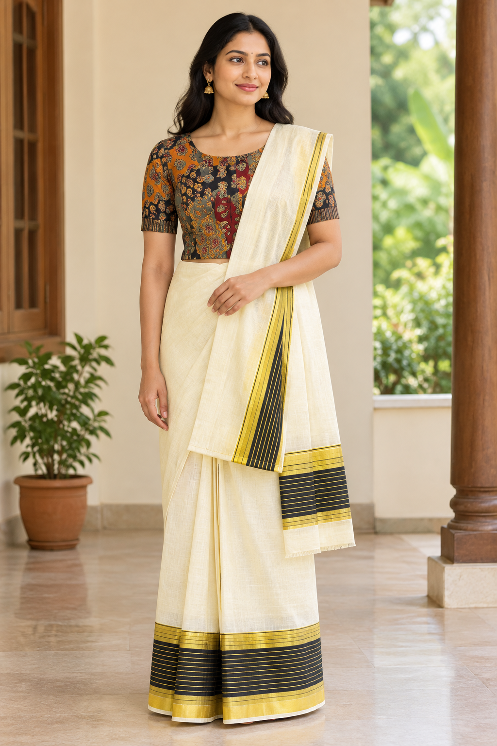 Model wearing Black Small Stripes & Gold Kasavu set mundu
