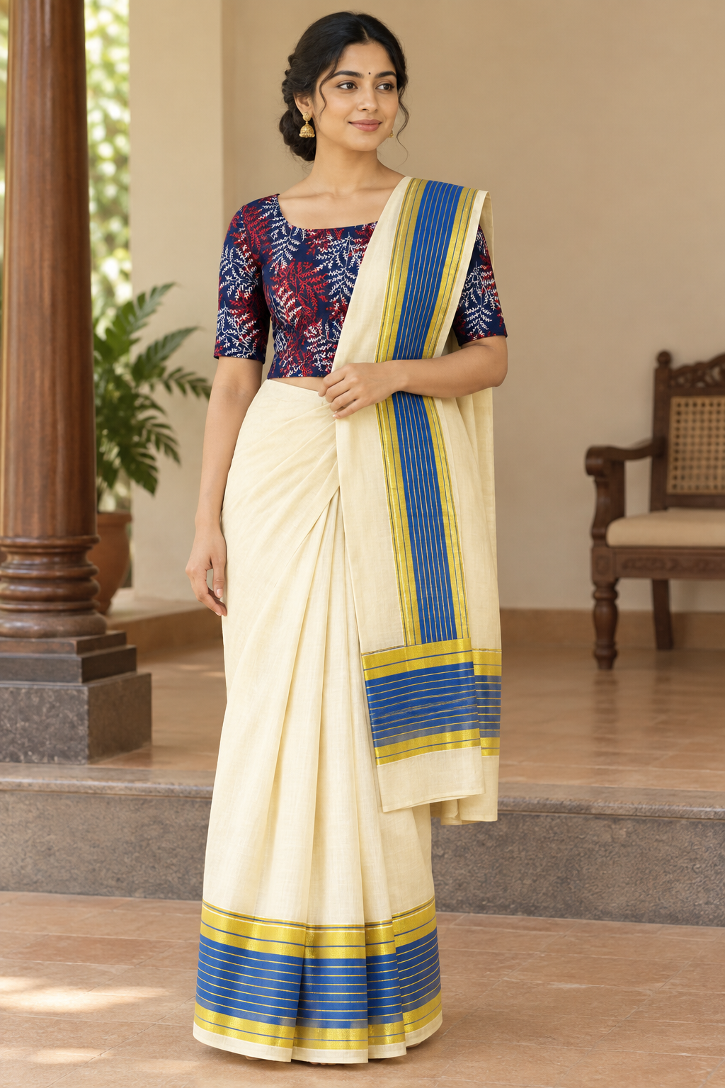 Model wearing Blue & Gold Kasavu set mundu