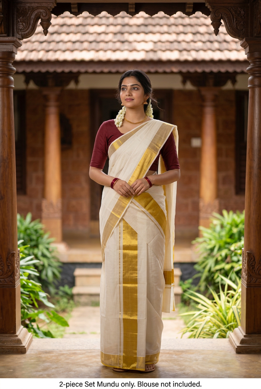 Model wearing cream cotton two-piece Set Mundu with plain gold border. Blouse not included.