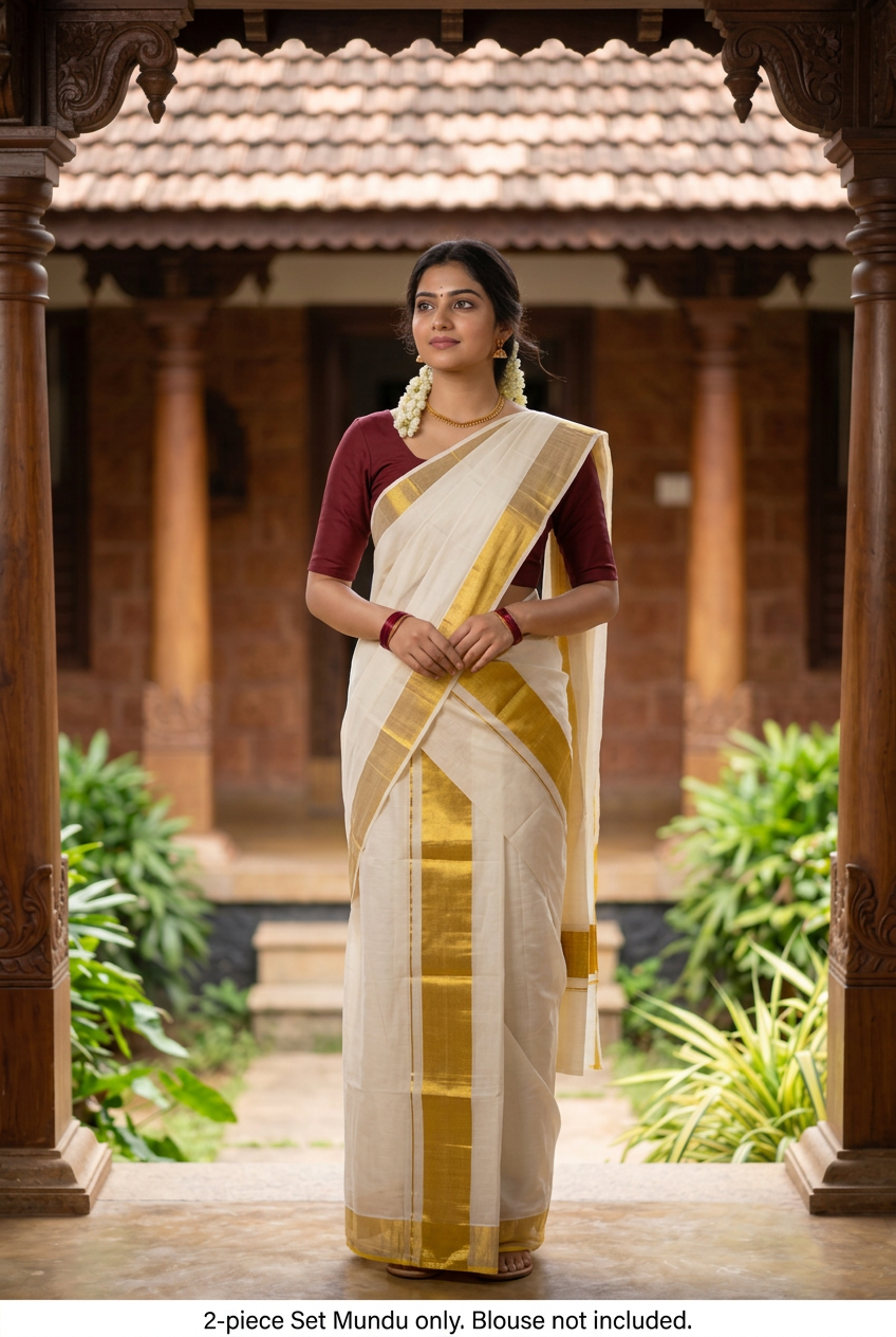 Model wearing cream cotton two-piece Set Mundu with plain gold border. Blouse not included.