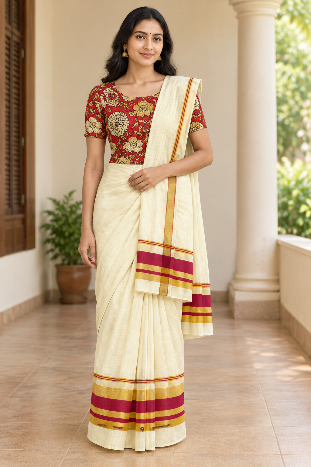 Model wearing Maroon & Gold Kasavu set mundu