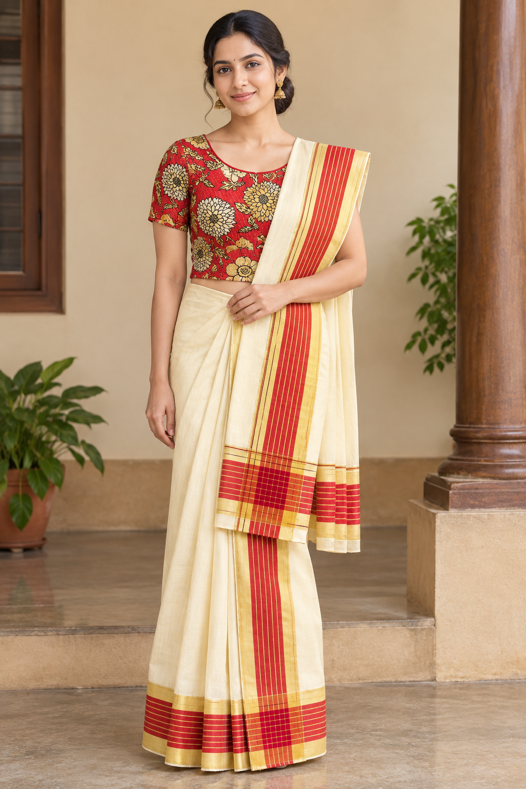 Model wearing Red & Gold Kasavu set mundu