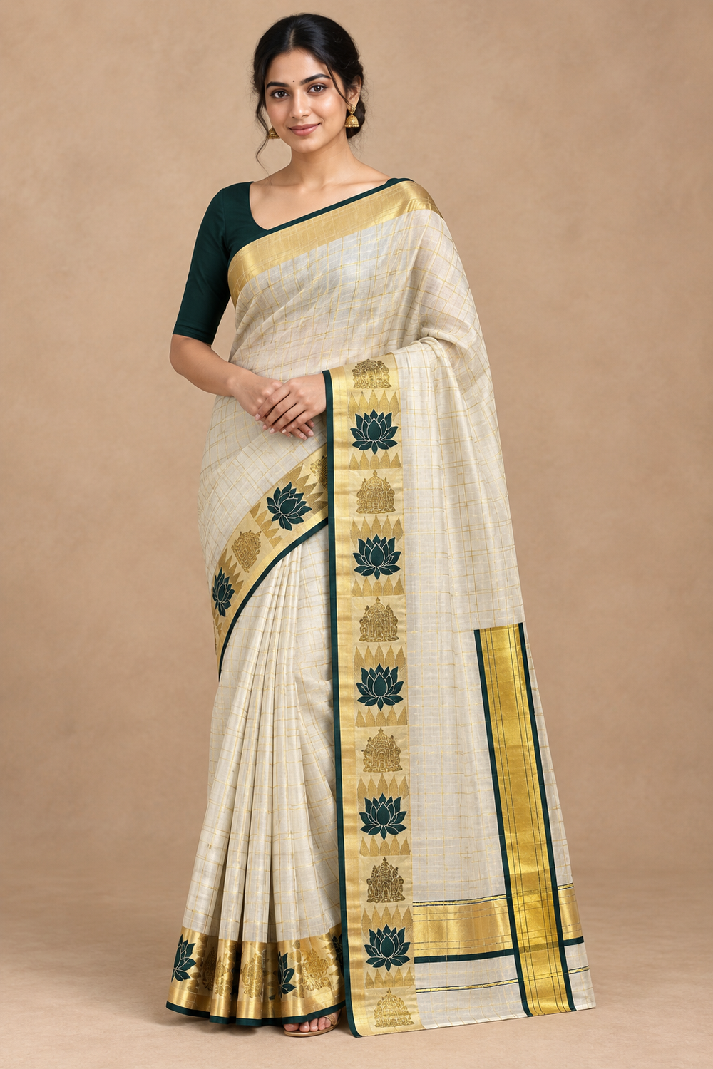 Model wearing the green lotus Kasavu saree