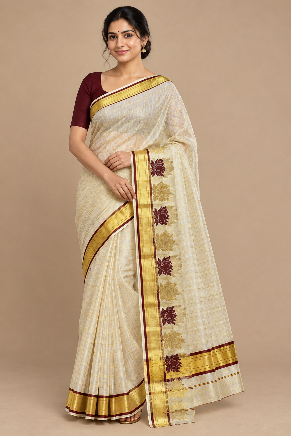 Model wearing the Maroon Lotus Kasavu saree