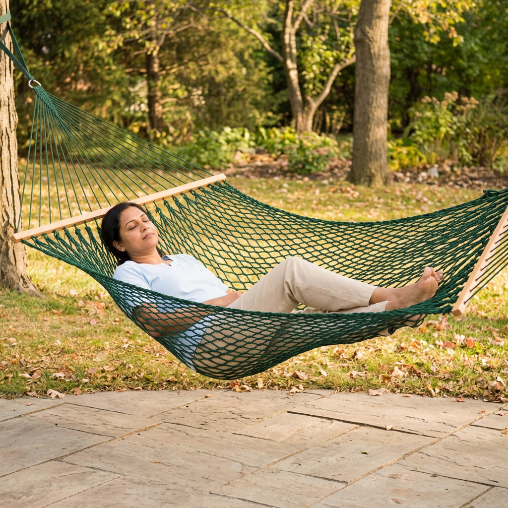 Person relaxing in the solid-green hammock