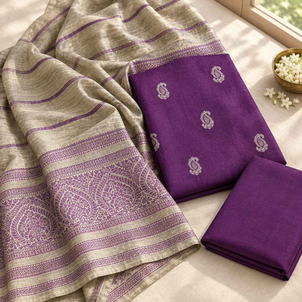 Purple suit fabric set in a sunlit lifestyle flat lay