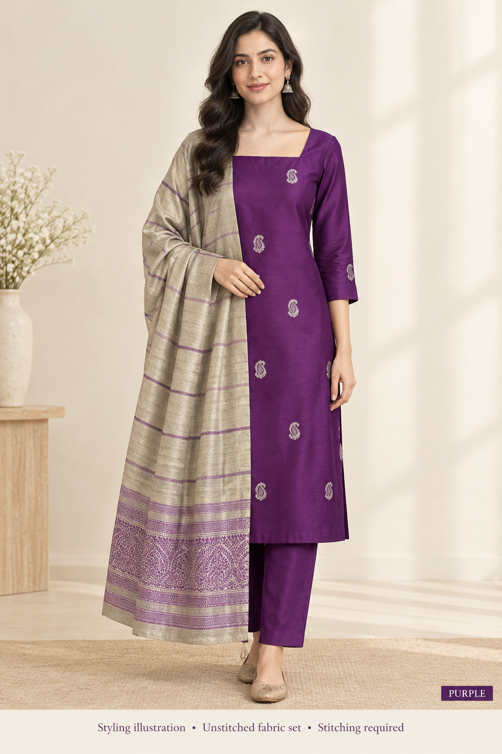 Purple suit styled on a model