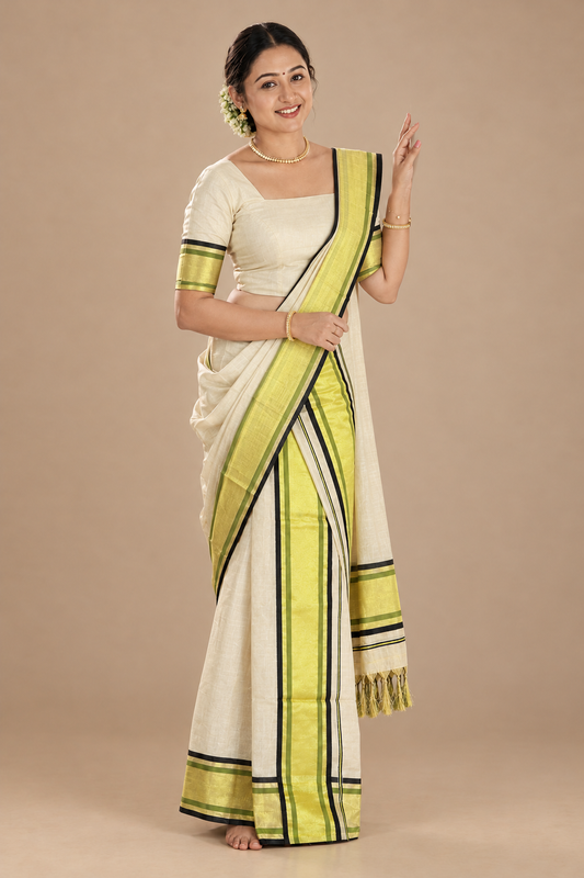 Refined gold-and-green Kasavu Set Mundu image