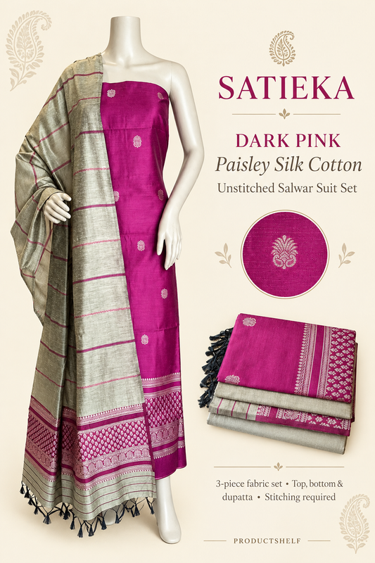 SATIEKA Dark Pink three-piece unstitched salwar suit graphic showing paisley top fabric, contrasting striped dupatta and pale neutral bottom fabric.