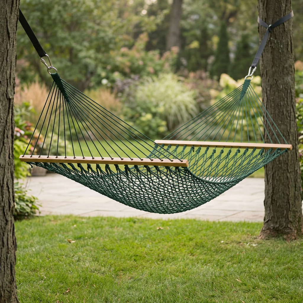 Solid-green hammock garden view