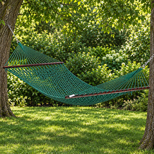 Square green hammock in a garden