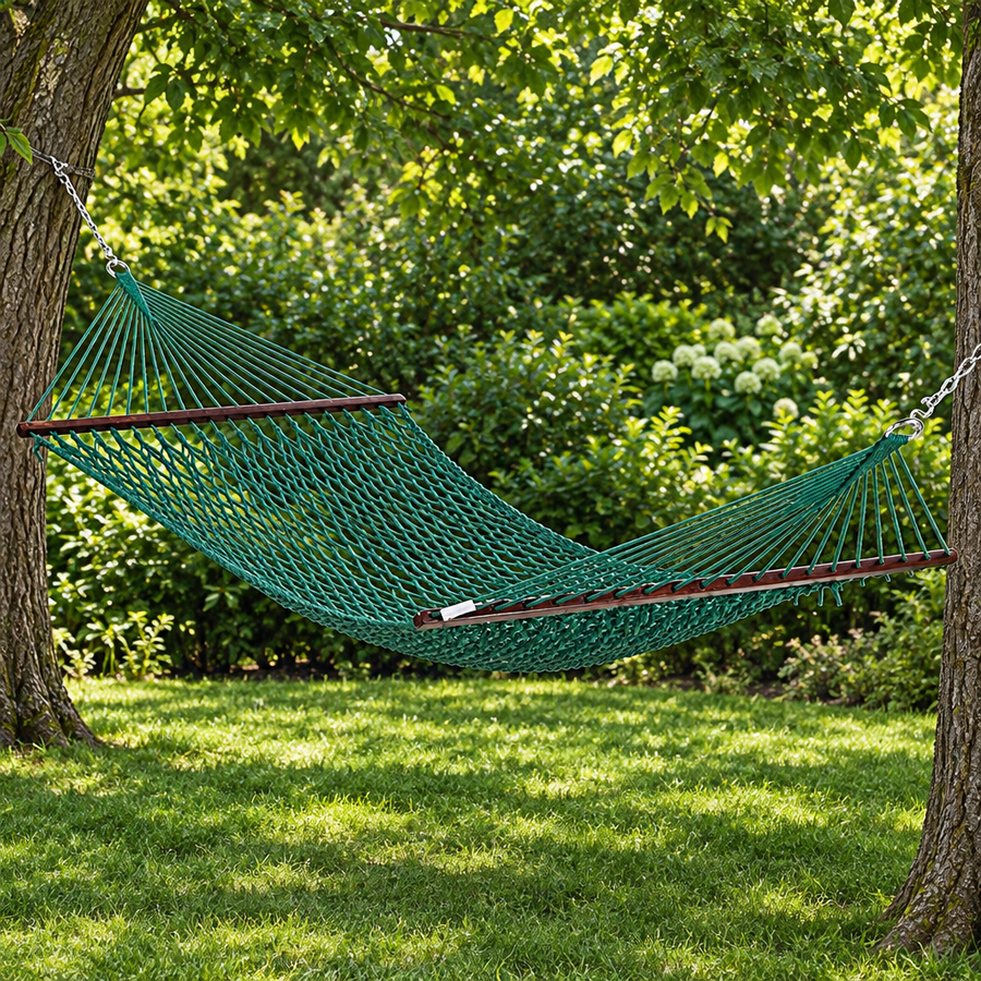 Square green hammock in a garden