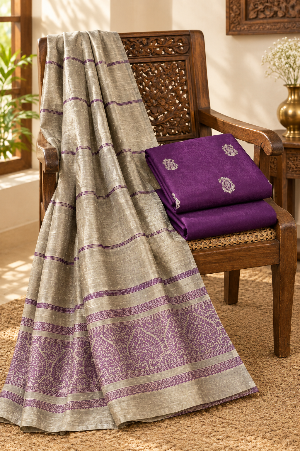 Unstitched purple suit fabrics styled on a chair