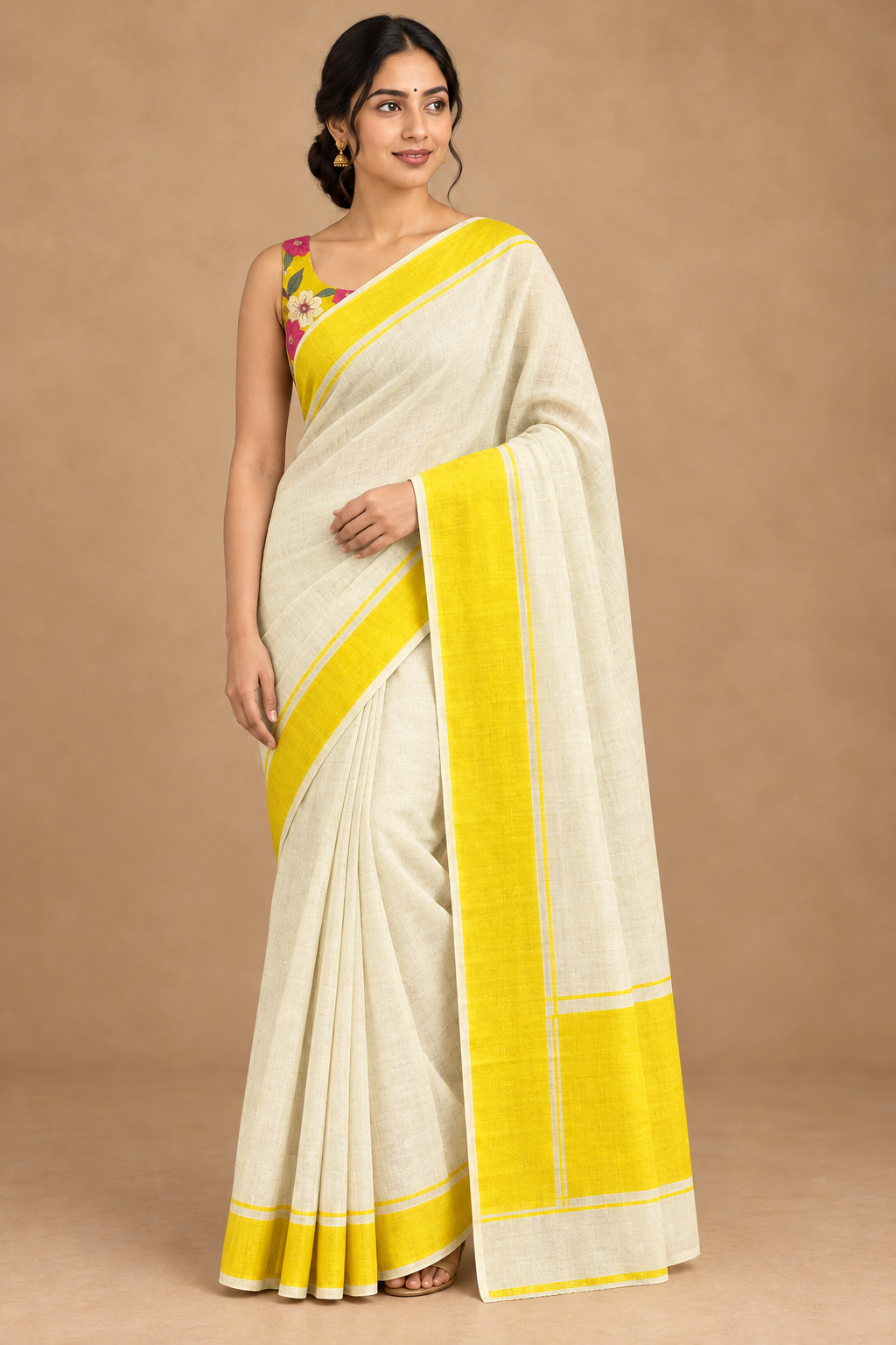 Yellow set mundu with revised drape